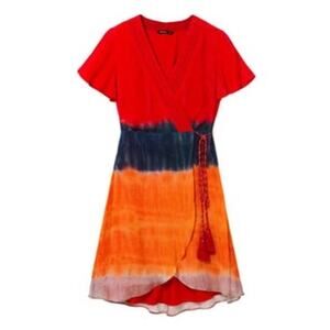 Desigual Bold Colorblock Boho Dip Tie Dye Temis Wrap Dress Size 12
